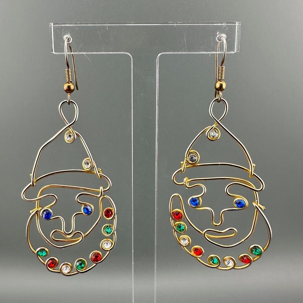 Vintage Clown Earrings Gold Tone Multicolor Rhinestone Artisan Open Wire Work